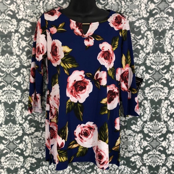 IMAN Global Chic Blue and Pink Floral Tunic Top - Picture 1 of 12